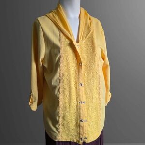Yellow Lace Panel Hoodie Top Button Front Casual Size L